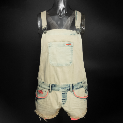 Superdry 極度乾燥水洗刷色抽鬚牛仔吊帶短褲 小精靈背帶褲 S號