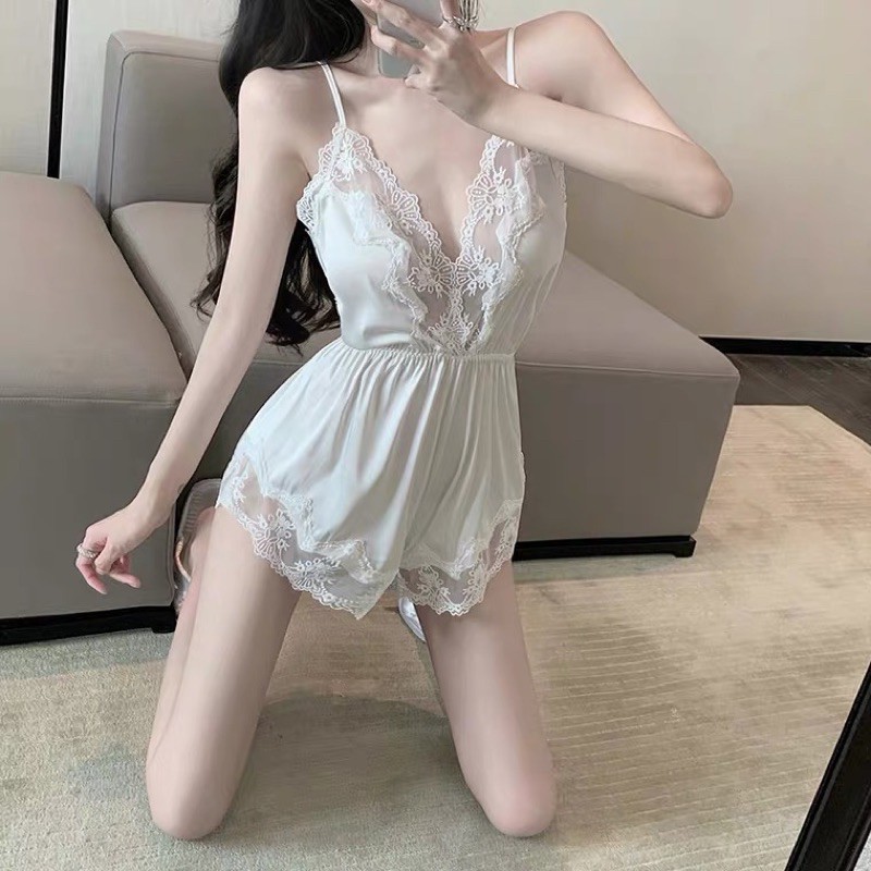 ❤️現貨在台 女神 情趣 緞面 高質感 白色 蕾絲 睡衣 少女 性感 細肩帶 吊帶 家居服 甜美 可愛 連身褲 連體褲