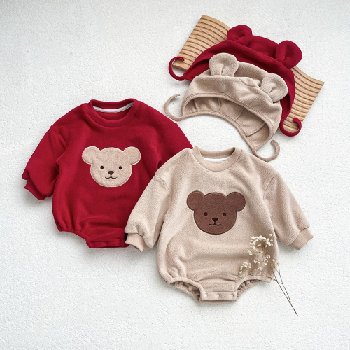 Baby_Shop童裝世界 平價童裝 嬰幼兒童包屁衣 圓領卡通熊保暖三角哈衣+帽
