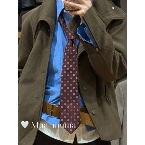 ??????｜老錢風!復古車釐子紫紅色印花領帶絲巾秋冬時髦高智感穿搭配飾新