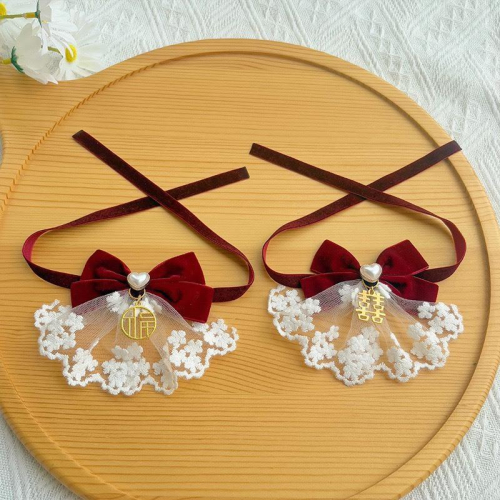 現貨 寵物領結 結婚喜慶 吾家有喜 福星高照 猫咪狗狗脖子飾品紅色蝴蝶結配愛心珍珠白紗領花質感領巾頸部裝飾