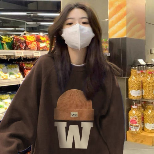 【三番雜貨屋】woo! 毛帽大學T 圓領T 寬鬆卡通印花韓版原宿風上衣 古著 慵懶寬鬆長袖上衣T恤 美式復古風
