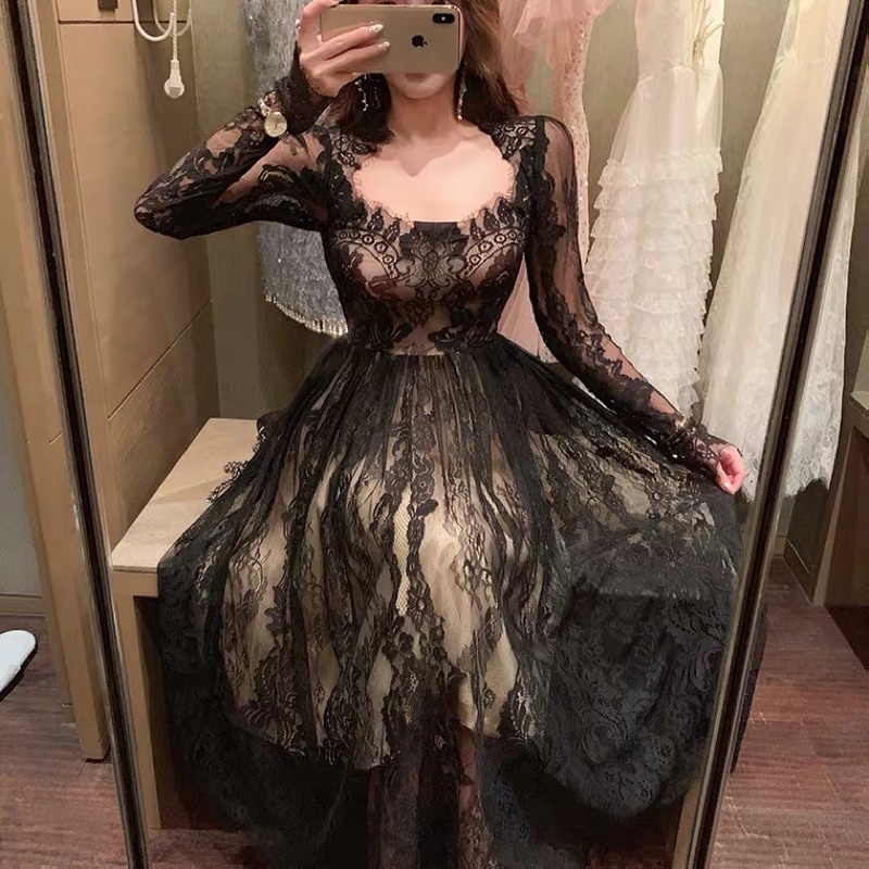 ❤️現貨在台，S.M.L.XL 性感 高質感 氣質 禮服 名媛長袖 仙女 生日 連衣裙 網紗 蕾絲 紗裙 長裙 禮服