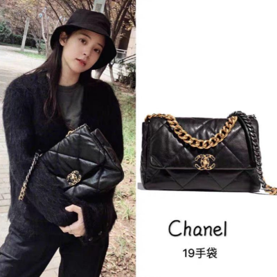 二手99CHANEL香奈兒經典19系列黑色小羊皮金銀拼色中號斜挎單肩包