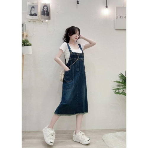 ❤️現貨深藍/淺藍❤️0933減齡趕牛仔吊帶裙大口袋牛仔吊帶長裙裙
