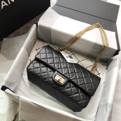 二手CHANEL香奈兒經典爆款2.55系列黑金鞣面小牛皮金扣小號單肩包