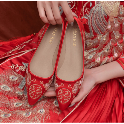 中式刺繡秀禾平底婚鞋軟底款/結婚鞋/孕婦可穿