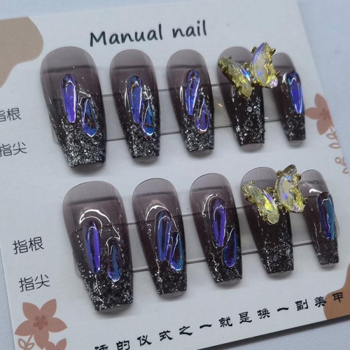 美甲穿戴甲透黑色搭配極光鑽爆閃美甲手工貼片穿戴甲成品 美甲DIY 美甲貼片 可重複使用 甲片貼 指甲貼片 暗黑系