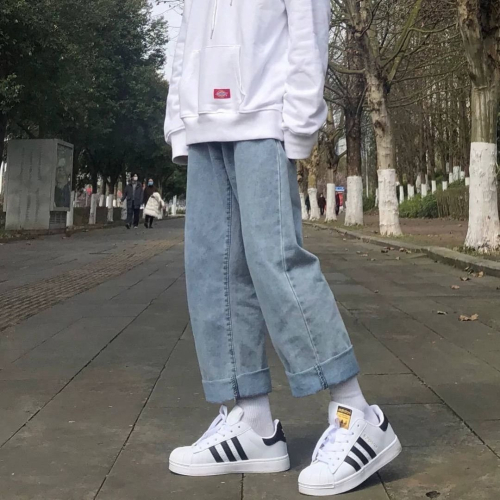 秋季港風BF風磨白淺藍色高腰牛仔闊腿褲女寬松顯瘦百搭原宿直筒褲