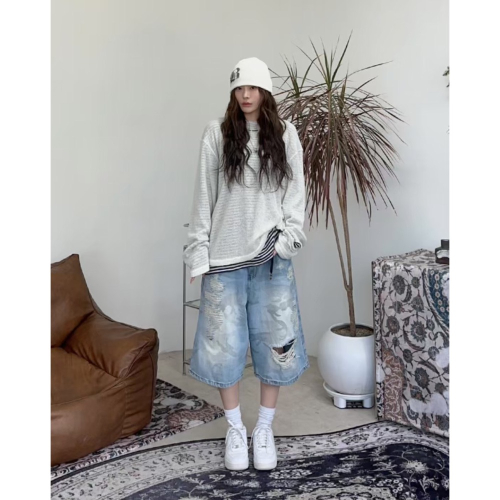 韓國選物??迷彩七分造型刷破牛仔褲