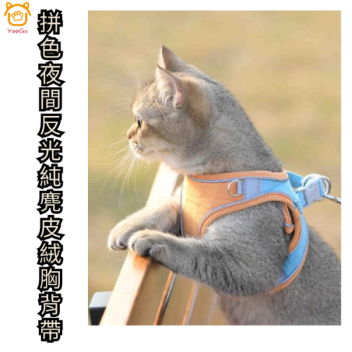 【YeeGo 億購寵物】拼色夜間反光純麂皮絨胸背帶 貓咪牽繩 貓牽繩 寵物胸背帶 貓咪胸背帶 胸背帶