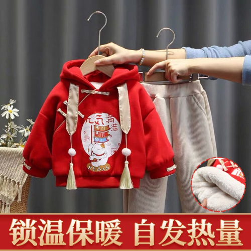 女童中國風衛衣套裝年服冬裝新款唐裝兒童加絨加厚運動兩件套寶寶
