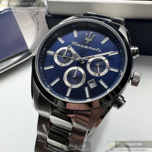 MASERATI:手錶,型號:R8853151005,男女通用錶42mm銀錶殼寶藍色錶面精鋼錶帶款