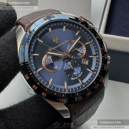 MASERATI:手錶,型號:R8871612037,男錶46mm寶藍錶殼寶藍色錶面真皮皮革錶帶款