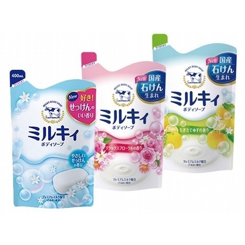 【臘腸狗海苔的市集】日本牛乳石鹼精華沐浴乳(玫瑰花香/柚子果香/清新皂香) 補充包400ML 原廠公司貨
