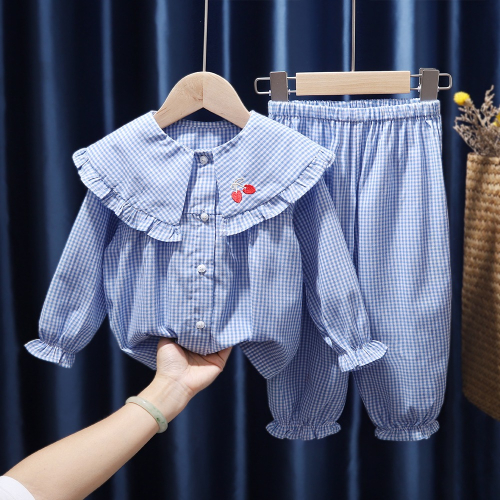 春秋新品女童寶寶小女孩格子家居服睡衣套裝純棉幼兒園空調房