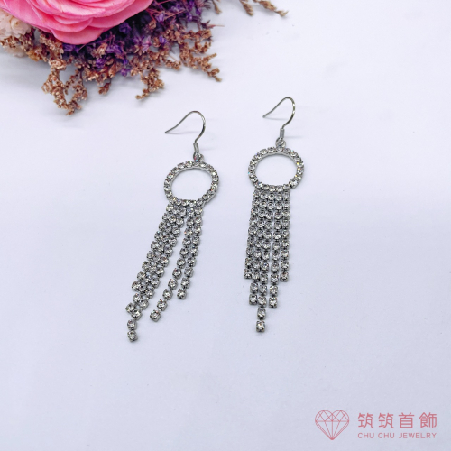 ❤️筑筑首飾❤️銀色鑲鑽圓環流蘇耳環