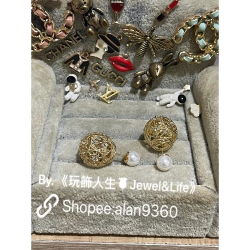DIOR 超美 金屬拉絲 鏤空 水鑽 珍珠 金色 二手 造型 耳環