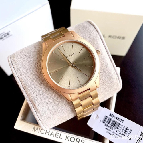 Michael Kors手錶 香檳金色鑲鑽鋼鏈錶 MK4501 簡約時尚女錶 歐美潮流休閒女生腕錶石英錶 大直徑石英手錶