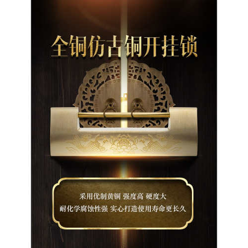 仿古銅鎖中式橫開掛鎖復古刻花老式小鎖頭木箱子櫃門插銷古代銅鎖
