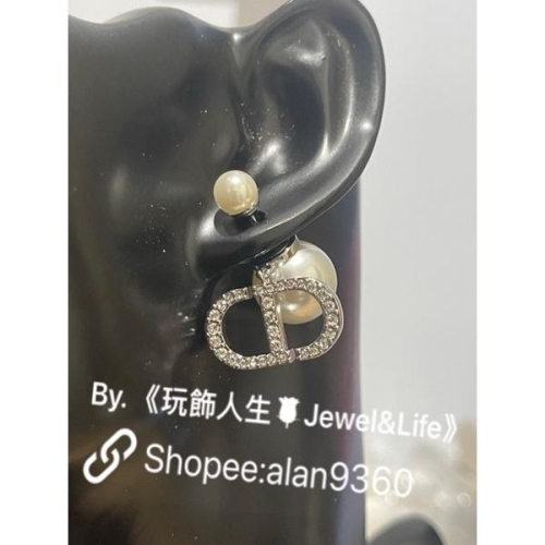 DIOR 超美 經典 銀白 雙珍珠 二手 水鑽 CD LOGO 造型 耳環