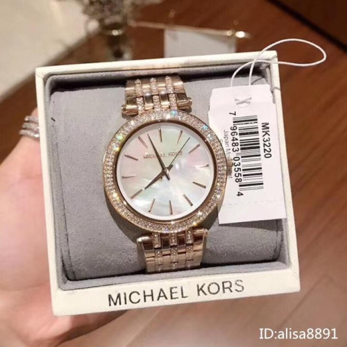三針石英錶 鑲鑽玫瑰金色鋼帶錶 MK3220貝母面超薄女生腕錶 時尚潮流百搭腕錶 石英手錶 大直徑手錶
