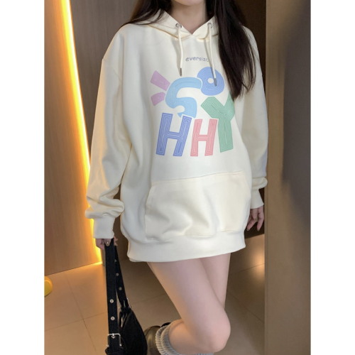 J109✨現貨/韓系/彩色飄飄字母印花帽踢/連帽上衣/奶杏色/帽T/學生必備/休閒風/可愛/INS/印花/長袖上衣/日常