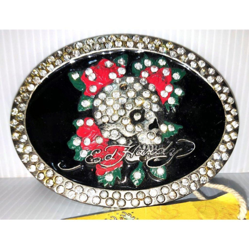 賠售出清【美國潮牌ED HARDY】彩鑽玫瑰骷髏 巨型 金屬 圓盾 閃亮 水鑽 密鑽 皮帶頭 可搭配任何扣式皮帶身使用