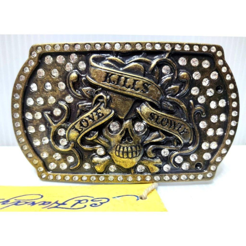 賠售出清【美國潮牌ED HARDY】正品 愛殺 骷髏頭 巨型 金屬 方盾 閃亮 水鑽 密鑽 皮帶頭 可搭配任何扣式皮帶身