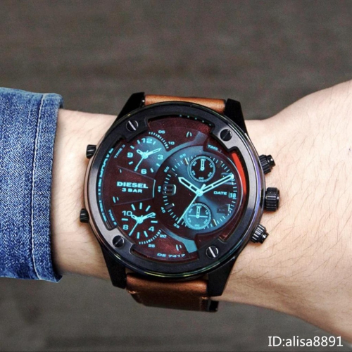 DIESEL手錶 迪賽手錶 棕色皮帶錶 大直徑56mm 變色龍時尚偏光男生腕錶 休閒運動男錶 計時防水石英錶DZ7417