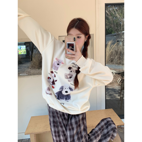 V474✨現貨/韓系/狗狗娃娃印花/大學踢/大學T/ins/搞怪/可愛/衛衣/長袖上衣/學院風/日常穿搭/小狗/INS