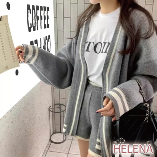 【Helena】配色針織套裝 拉鍊毛衣外套 軟糯針織 學院慵懶風滾邊開衫毛衣短褲套裝 運動套裝 女裝【A2206】