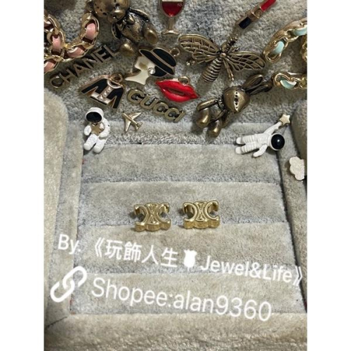 CELINE 超美 經典 小LOGO 素面 百搭 金色 二手 造型 耳環
