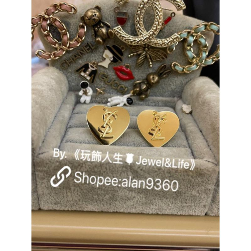 Yves Saint Laurent YSL 二手 情人限定 金色 鏡面 愛心 造型 耳環