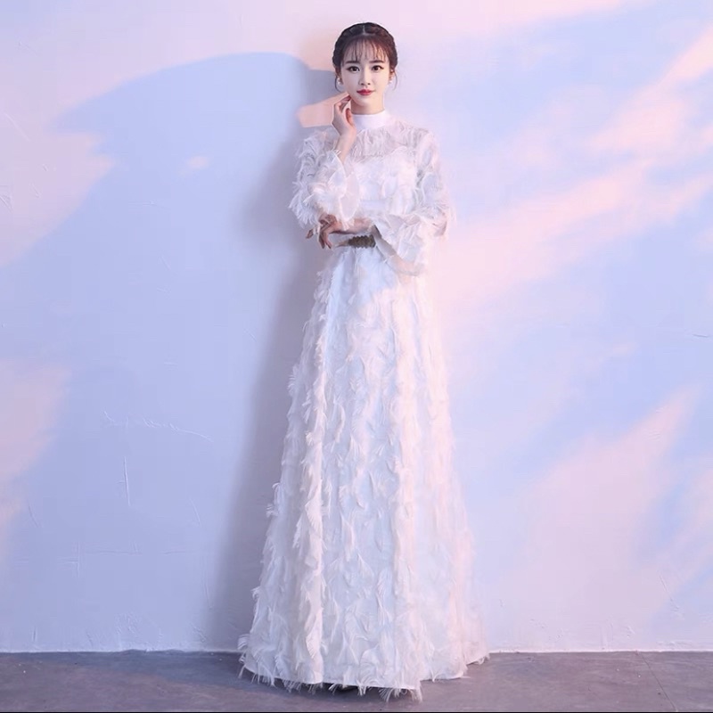 ❤️現貨在台，白色 長裙S中長裙S.M 中大尺碼 羽毛 禮服 長袖 中長款 高質感 洋裝 伴娘 生日 飄逸