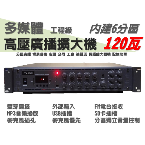 120瓦 高壓廣播擴大機 內建5分區獨立音量控制