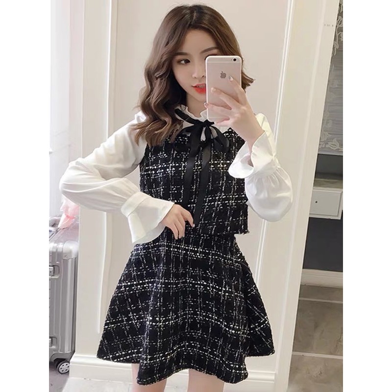 ❤️現貨在台，S- XL 可愛 正式 格子 顯瘦 泡泡袖 氣質 長袖 拼接 假兩件 連衣裙 洋裝