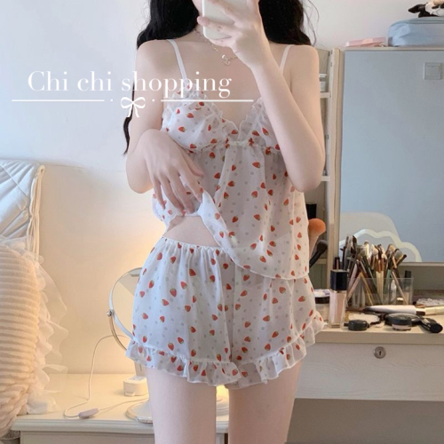 純欲風草莓吊帶睡衣居家服