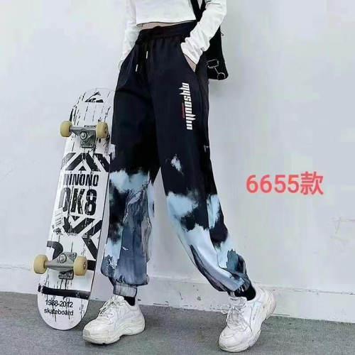 薄款漸變色青少年流行束腳長褲夏天潮流印花學生休閒褲寬鬆運動褲