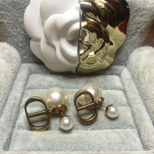 DIOR 經典 復古金 CD 雙珍珠 二手 耳環