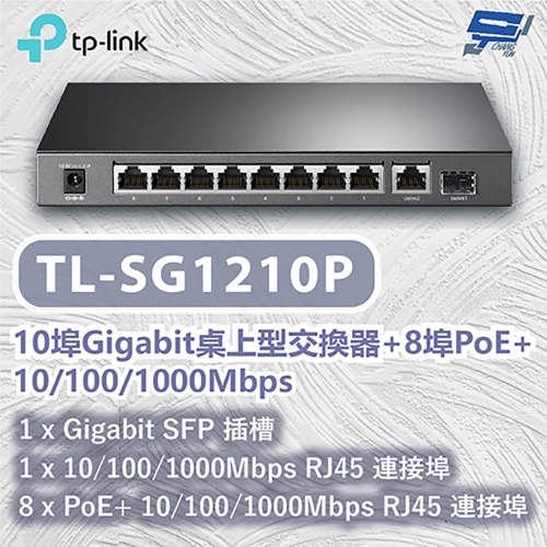 TP-LINK 昌運監視器 TL-SG1210P 10埠Gigabit桌上型交換器+8埠PoE+10/100/1000