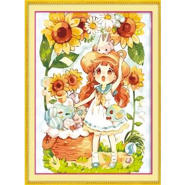 [臺灣現貨含運]十字繡材料包53*70cm中格三股 向日葵女孩 卡通 線繡 手工 滿繡 自己繡