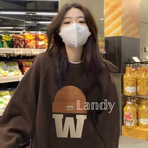 ღ ????? ღ ｛預購｝#244 美式復古圓領大學T恤女 2024春秋加絨加厚oversize慵懶風上衣