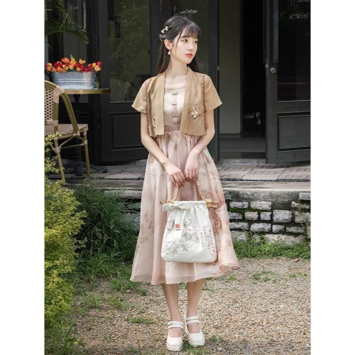 【十三余】南窗 蘇州博物館聯名 漢服 漢元素 中式 短開衫+吊帶洋裝 兩件套 古風 中國風 XL號