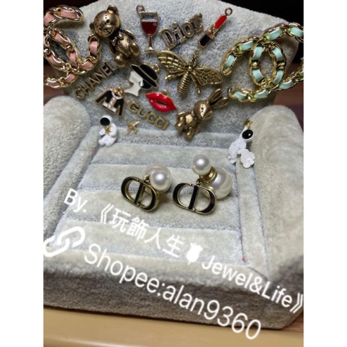 DIOR 超美 復古金 黑色琺瑯 經典CD logo 二手 雙珍珠 耳環