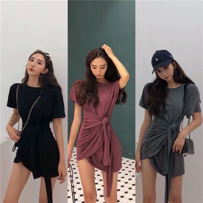 ❤️現貨在台，灰.紅.黑 設計感 短袖 百搭 包臀 港味 復古 圓領 綁帶 連衣裙 顯瘦 洋裝 長版t t恤 休閒 素t