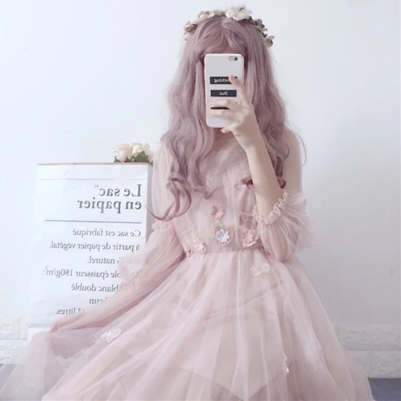 ❤️杏.粉.XL.2XL 仙女 甜美 立體 花朵 蝴蝶 刺繡 燈籠袖 網紗 連衣裙 洋裝 + 吊帶 背心裙