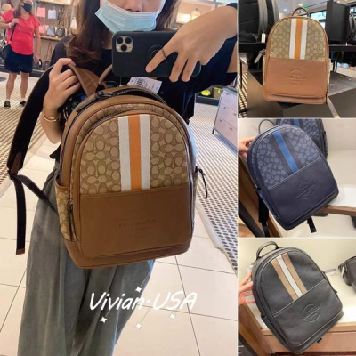 vivian美國代購✨正品 coach 後背包 經典印花拉鏈帆布拼色雙肩包 書包 C5389