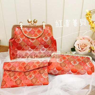 《Judy’s小舖》紅喜善貝 玫瑰口金包附花形提手 手提包可斜肩 秀禾服新娘喜慶婚包媽媽包
