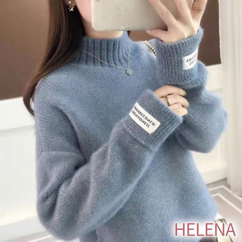 【Helena】水貂絨毛衣 針織上衣 高領長袖上衣 素色加厚慵懶風韓版寬鬆休閒百搭針織毛衣 上衣女【A2162】